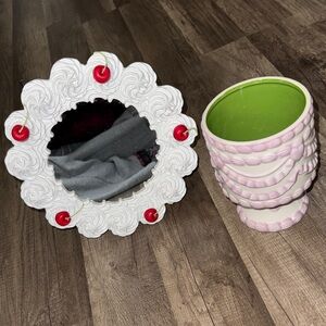 White Mirror with whip cream & Cherry Accents and cake stand holder.